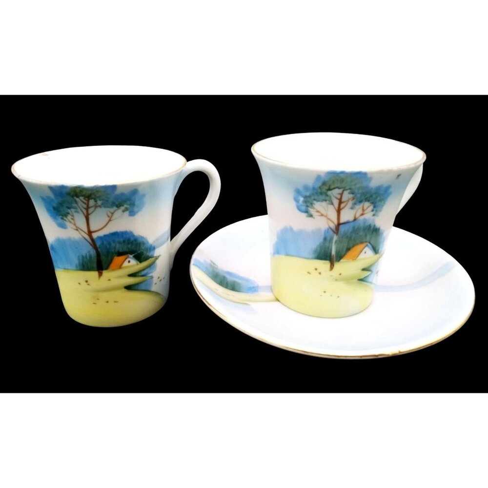 Chikaramachi Tea Cups Saucer Set Cottage Landscape Porcelain Japanese Vintage